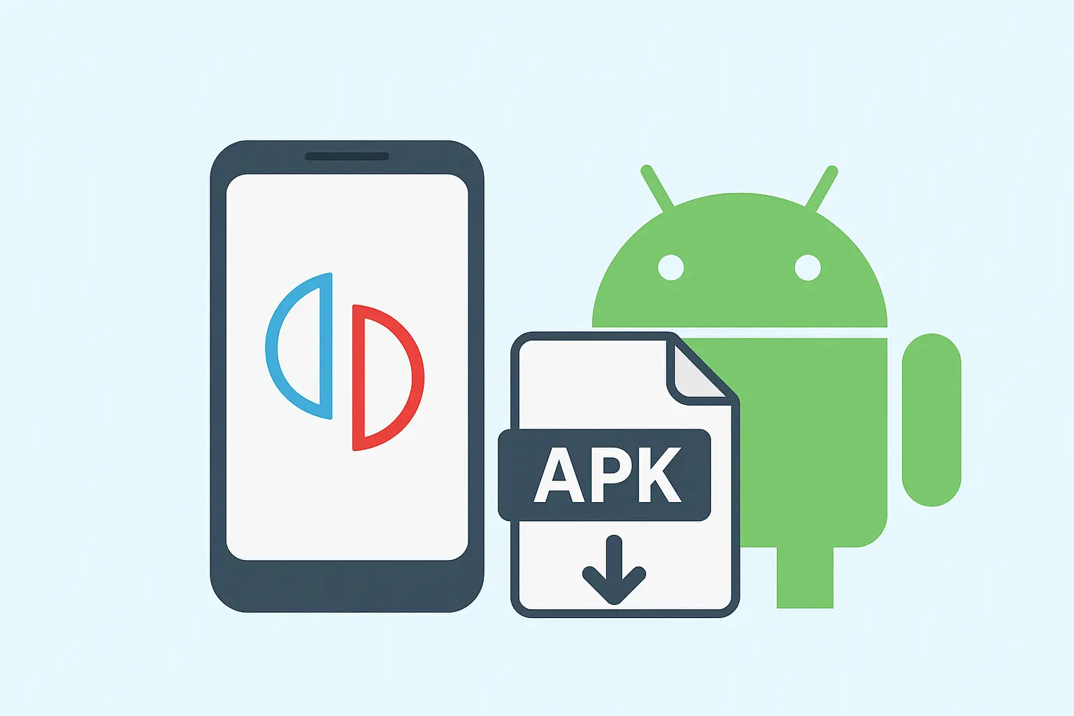 Showing a smartphone with the Yuzu emulator logo, an APK file icon, and the Android mascot, representing installing Yuzu on Android.