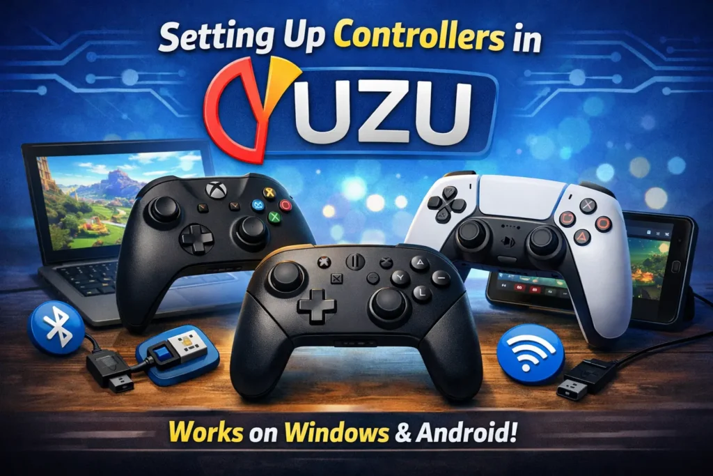 Setting Up Controllers in Yuzu on Windows & Android Yuzu emulator controller setup showing Xbox, PlayStation, and Switch Pro controllers connected to Windows and Android devices
