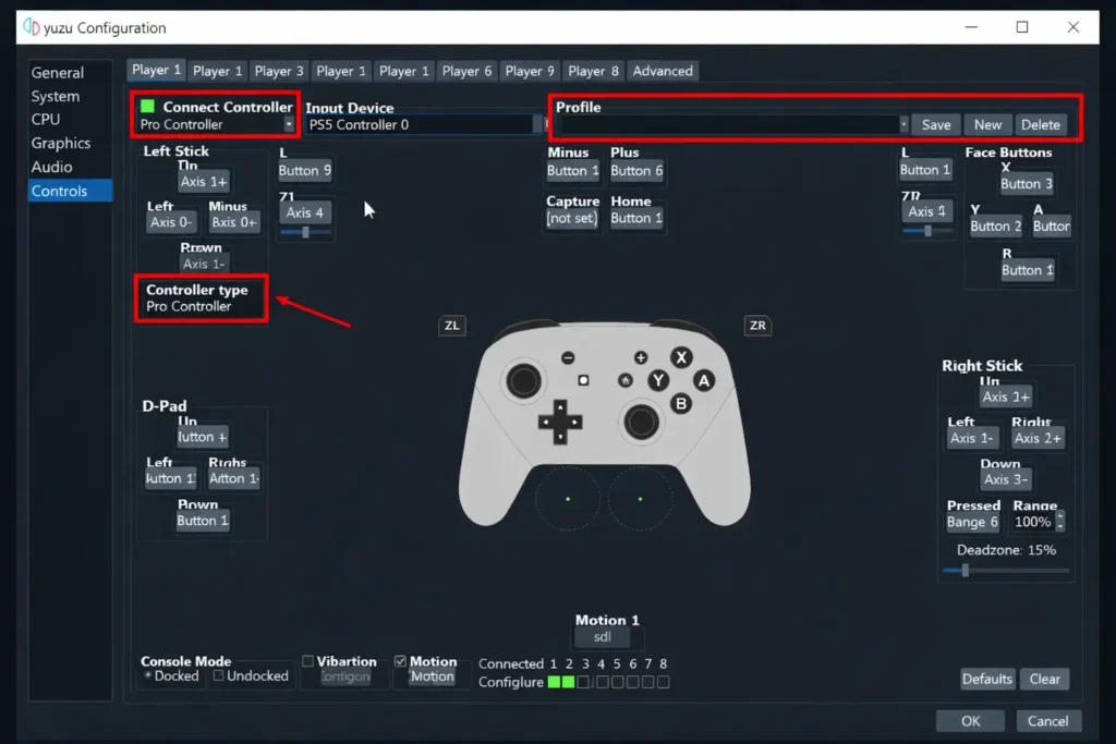 Yuzu Controller Setup on Windows – Pro Controller Configuration Yuzu emulator Windows controller configuration showing Pro Controller connected and input mapping screen