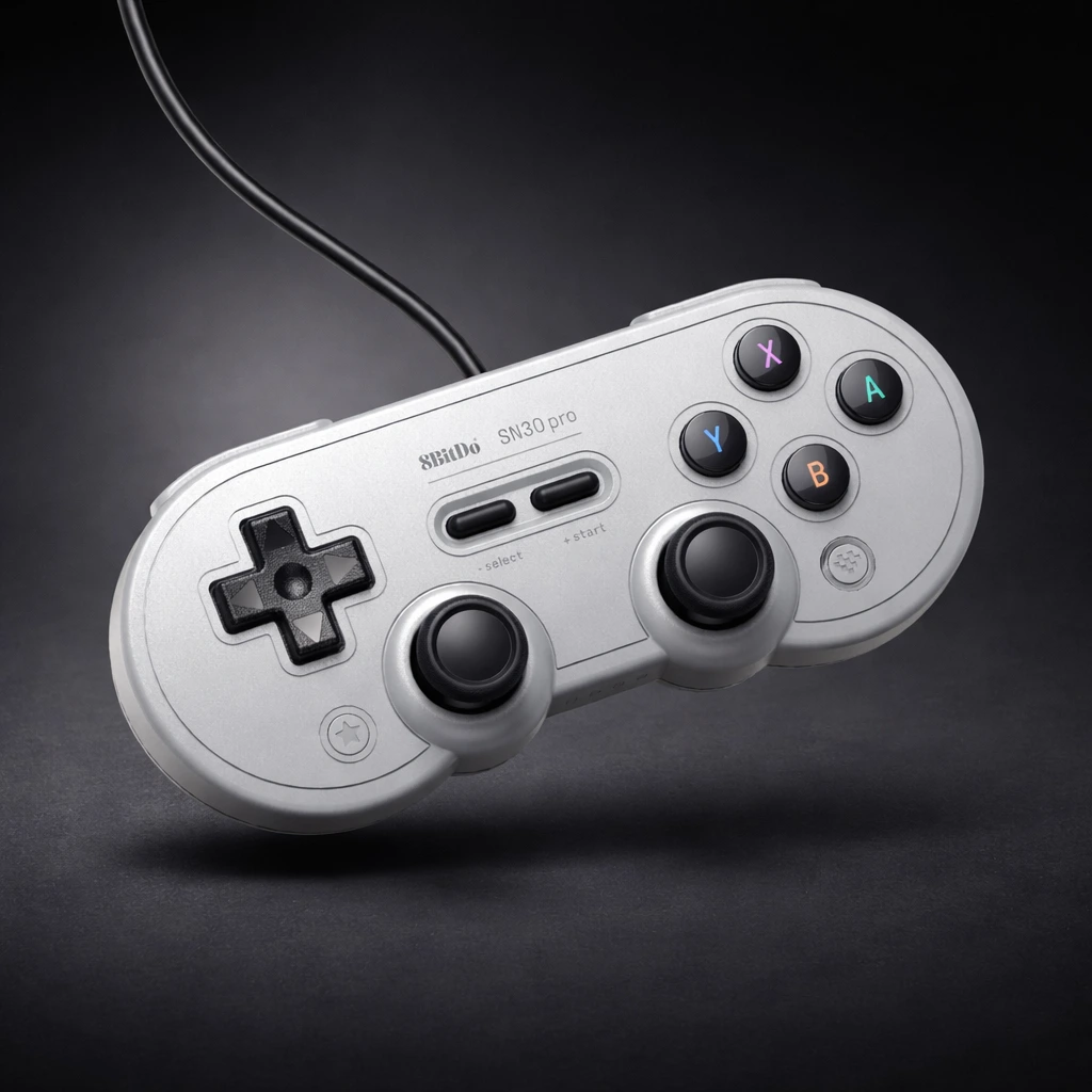 8BitDo SN30 Pro Retro Wired Gaming Controller 8BitDo SN30 Pro wired retro game controller with dual analog sticks on dark gradient background