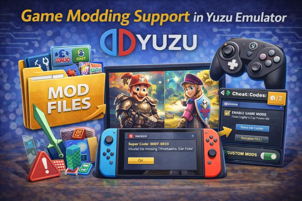 Game Modding Support in Yuzu Emulator – FPS, Graphics & Gameplay Mods Game modding support in Yuzu emulator showing FPS mods, graphics enhancements, and gameplay modifications for Nintendo Switch games
