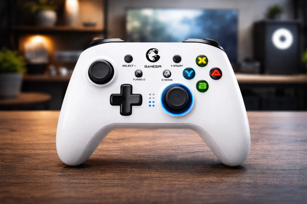 GameSir T4 Pro Wireless Gaming Controller GameSir T4 Pro wireless gaming controller in white with RGB buttons on desk setup