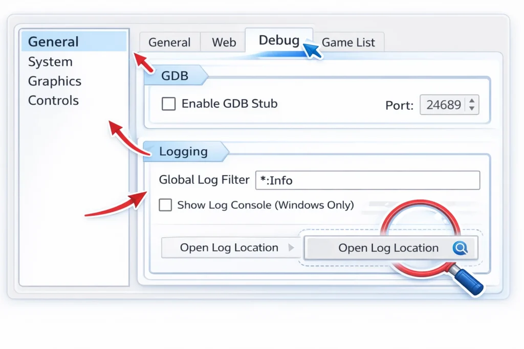 Getting Log Files – Open Log Location from Debug Settings Getting log files by opening the Debug tab and clicking Open Log Location