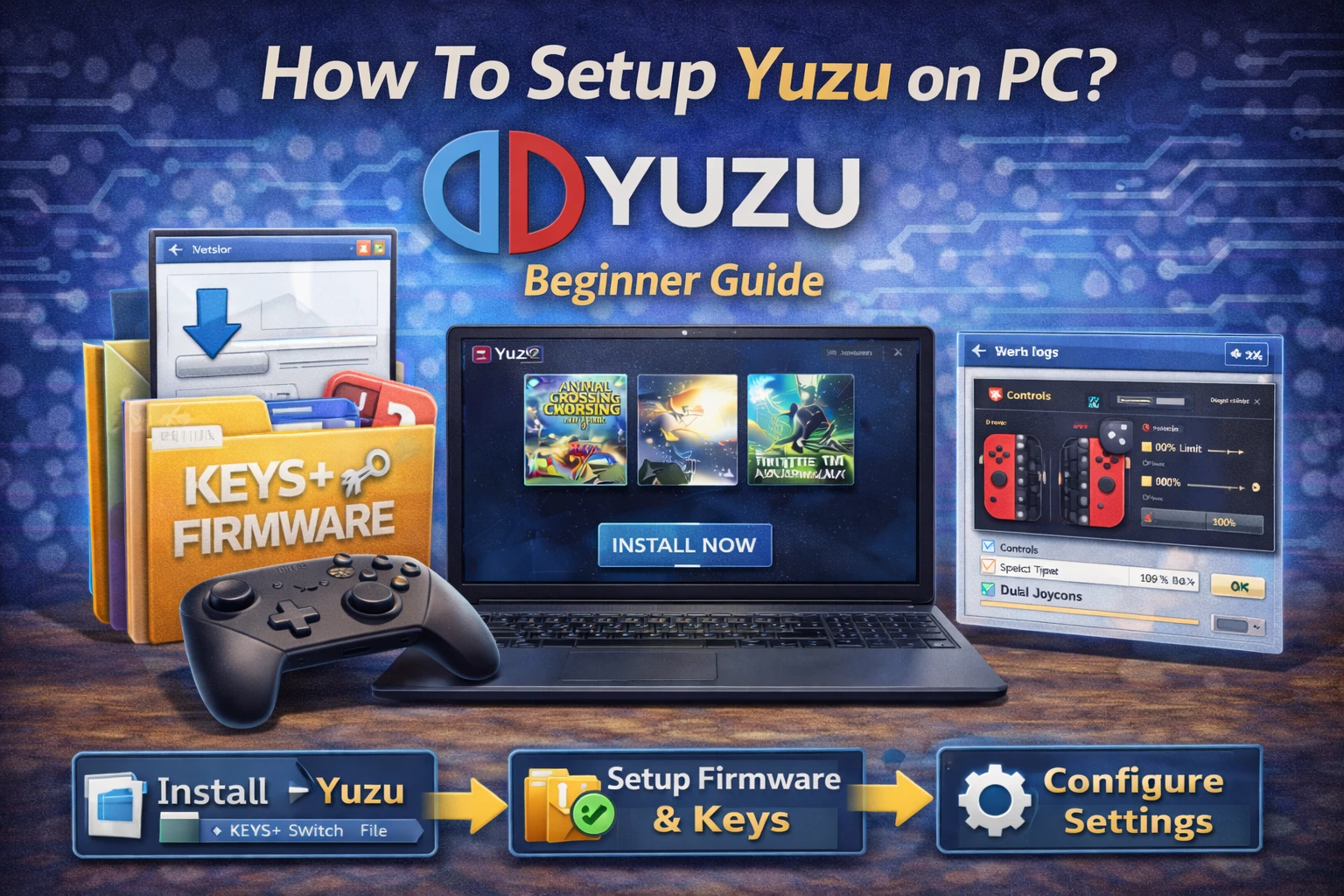 How to set up Yuzu emulator on PC showing installation, firmware setup, and configuration steps for Nintendo Switch games