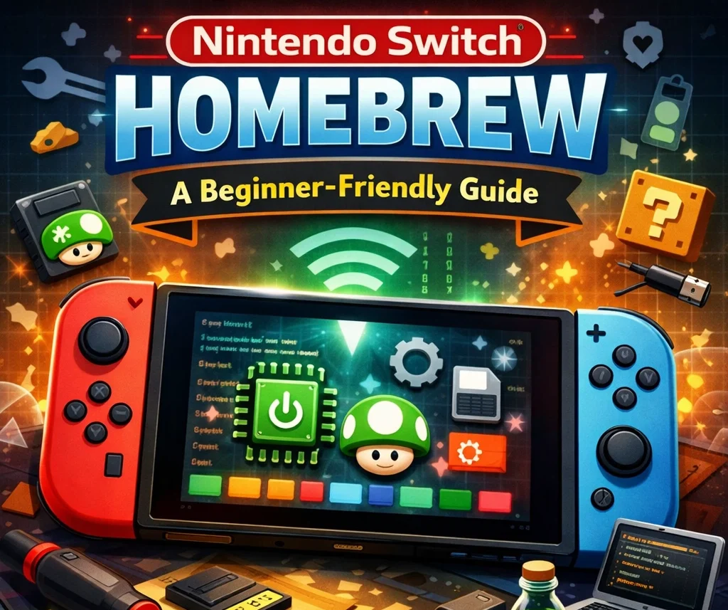 Nintendo Switch Homebrew – Beginner-Friendly Guide Nintendo Switch Homebrew beginner-friendly guide featured image with console, Joy-Con controllers, and homebrew interface illustration