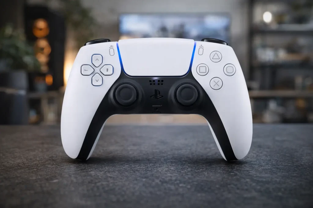 Sony PlayStation 5 DualSense Wireless Controller Sony PS5 DualSense wireless controller on desk with gaming setup background