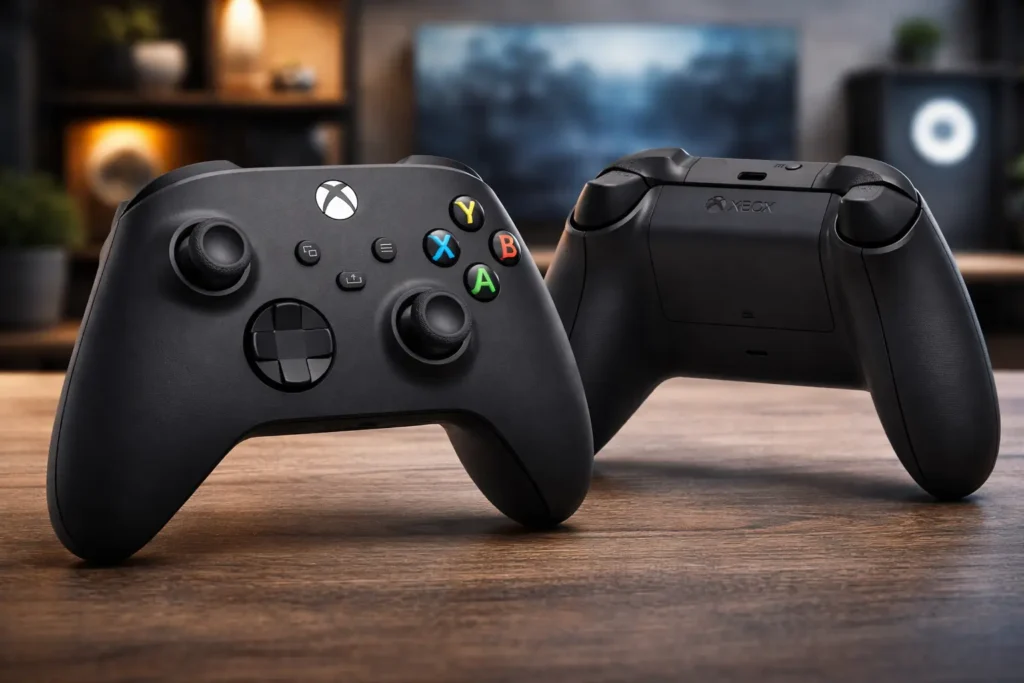 Xbox Series X|S Wireless Controller Black Black Xbox Series X and Series S wireless controller on wooden gaming desk