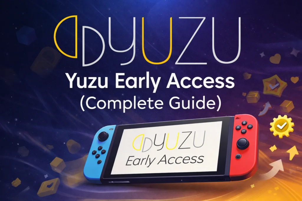 Yuzu Early Access Complete Guide Visual Yuzu Early Access guide image showing the Yuzu emulator gold logo and Nintendo Switch interface