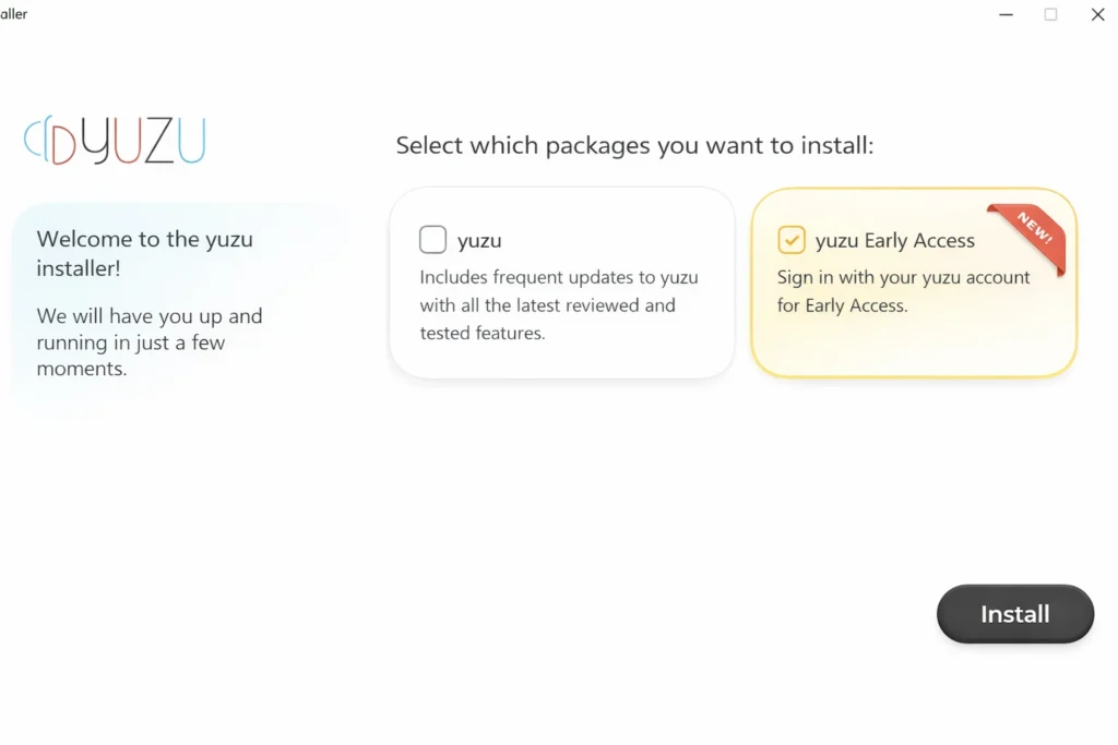 Yuzu Early Access Installer Setup Screen Yuzu Early Access Installer screen showing setup options and installation progress for Nintendo Switch emulator