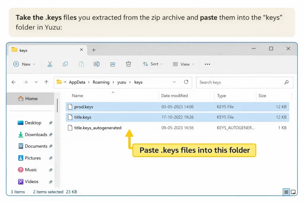 Transfer prod.keys and title.keys to keys folder in Yuzu Moving prod.keys and title.keys files into keys folder in Yuzu emulator
