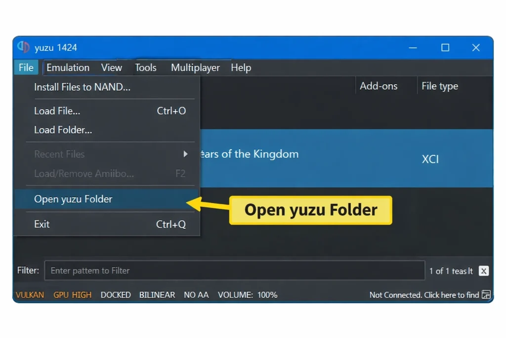 Access Yuzu main directory via File menu Opening Yuzu emulator and accessing main directory through File menu