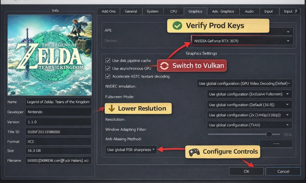 Yuzu Emulator Settings for Troubleshooting Yuzu emulator settings for 'The Legend of Zelda: Tears of the Kingdom' showing troubleshooting tips, GPU settings, and controller configuration.